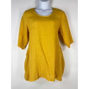 Antonello Serio Women's Top XL Made in Italy Linen Mustard Yellow Tunic Coastal